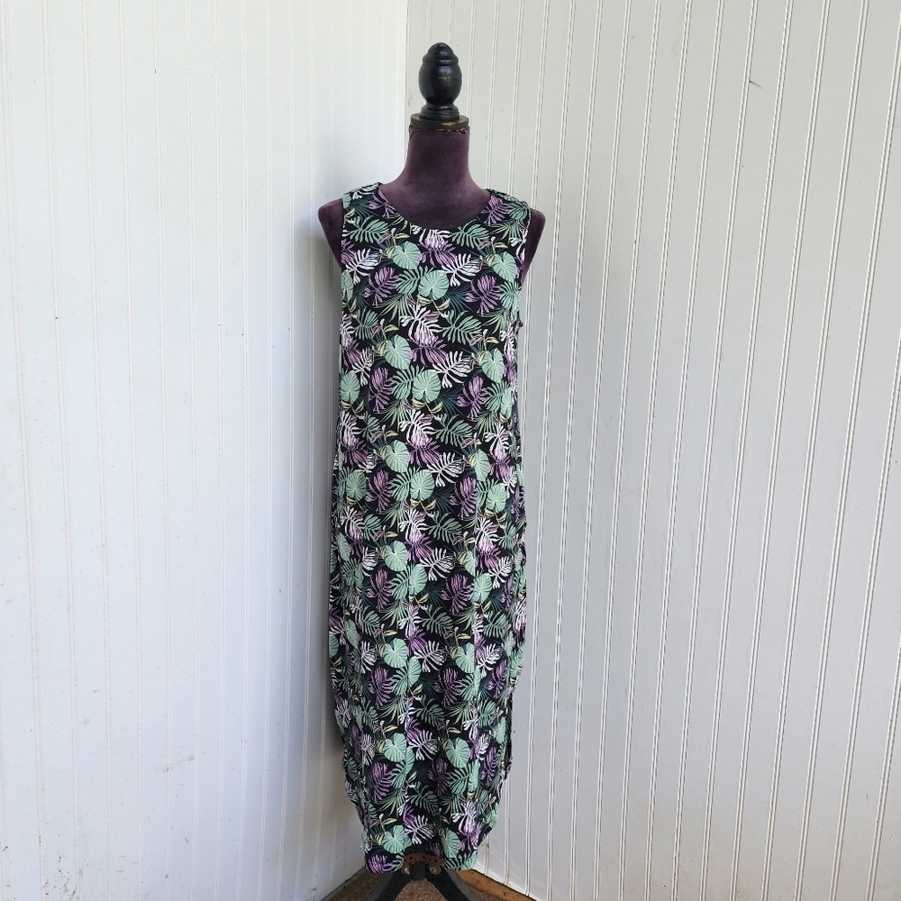 Cynthia Rowley Tropical Palm Monstera Leaf Pocket Casual Lounge Stretch Dress L